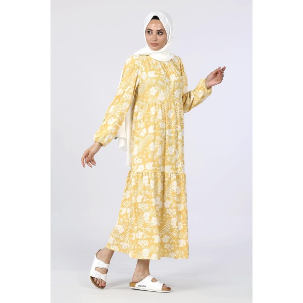 Tekbir Floral Patterned Dress With Elastic Sleeves