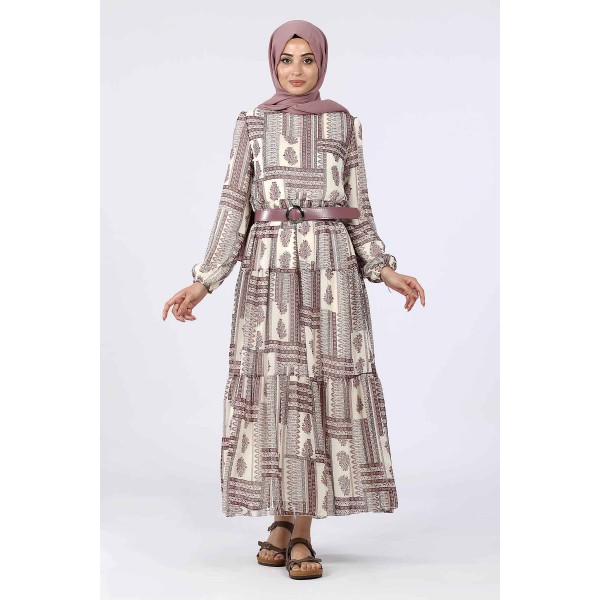 Tekbir Aşk Şima Square Stripe Patterned Floral Dress