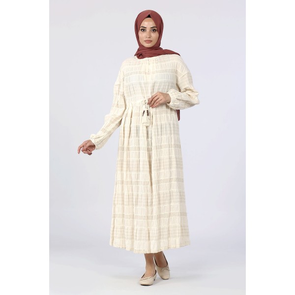 Tekbir Ikoll Tassel Detail Sleeve Elastic Dress Beige