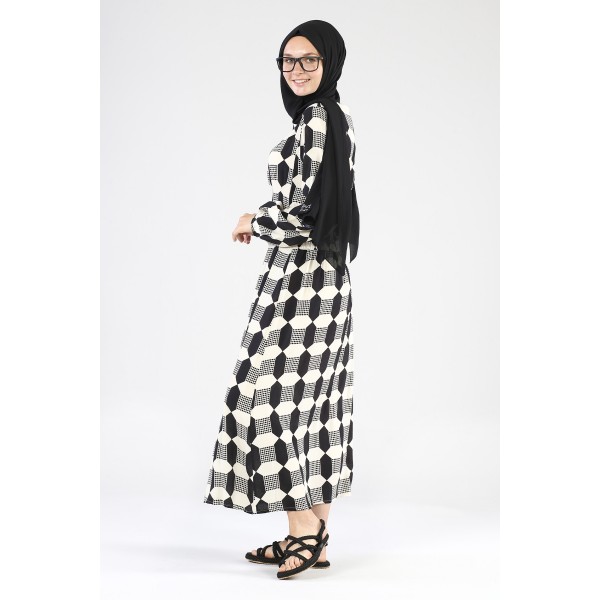 Tekbir Square Patterned Lace-Up Dress