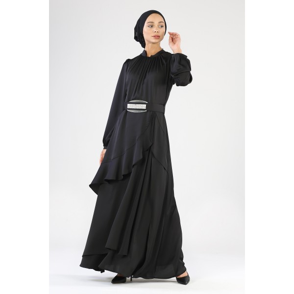 Tekbir Belted Evening Dress Black