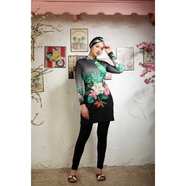 Mayo Burkini Floral Design Swimwear - Black