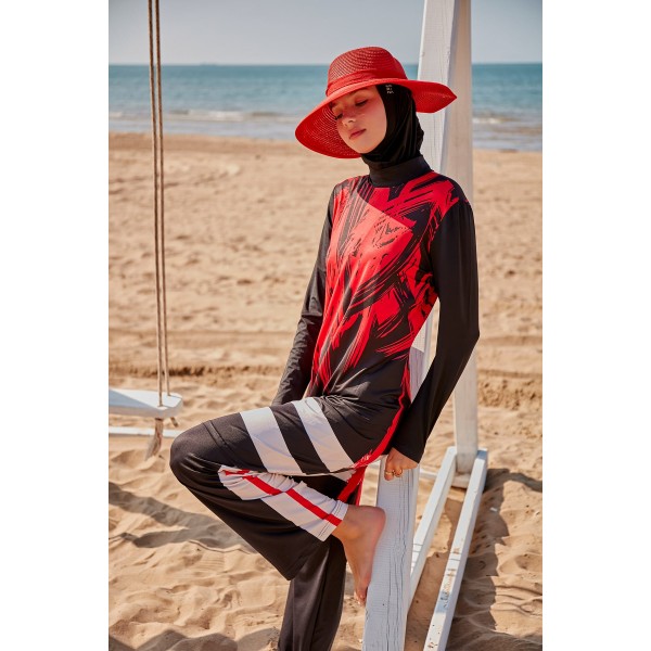 Mayo burkini Marina Patterned Black Full Closed Hijab Swimsuit M2303