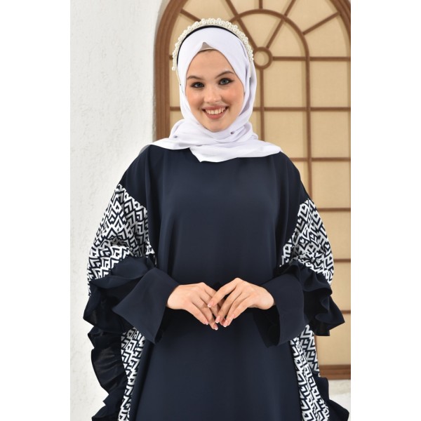 Filizzade Woman Abaya Unlined - Crew neck and Frill Detailed