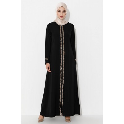 Filizzade Woman Abaya Unlined Crew neck Sequin Detailed  Filizzade Woman Abaya Unlined Crew neck Sequin Detailed