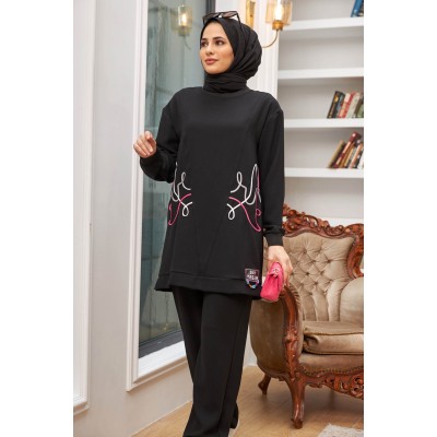 طقم نسائي تكبير مزينة بسلسلة ملونة أسود طقم نسائي تكبير مزينة بسلسلة ملونة أسود