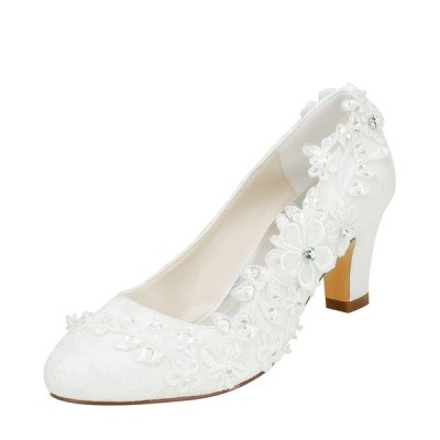 Wedding Shoes Women's Silky Satin Chunky Heel Pumps With Stitching Lace Flower (s) Crystal Pearl Wedding Shoes Women's Silky Satin Chunky Heel Pumps With Stitching Lace Flower (s) Crystal Pearl