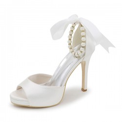 Wedding Shoes Women's Satin Stiletto Heel Peep Toe Sandals With Bowknot Imitation Pearl