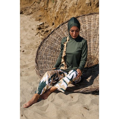 Mayo burkini  Rivamera Women's Khaki Flywheel Design Patterned Hijab Swimsuit R1105 Mayo burkini  Rivamera Women's Khaki Flywheel Design Patterned Hijab Swimsuit R1105