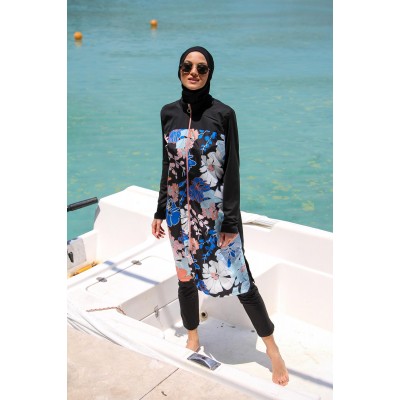 Mayo burkini Marina Black Women's Floral Patterned Design Hijab Swimsuit M2265 Mayo burkini Marina Black Women's Floral Patterned Design Hijab Swimsuit M2265