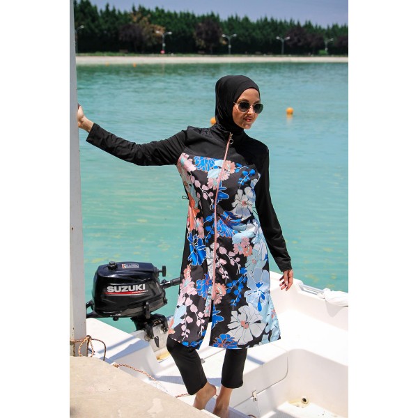 Mayo burkini Marina Black Women's Floral Patterned Design Hijab Swimsuit M2265