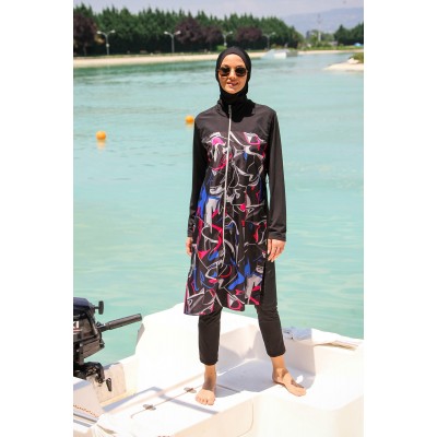 Mayo burkini Marina Black Women's Pattern Detailed Design Hijab Swimsuit M2266 Mayo burkini Marina Black Women's Pattern Detailed Design Hijab Swimsuit M2266
