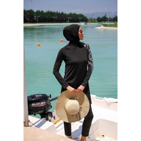 Mayo burkini Marina Women Black Pattern Detailed Design Hijab Swimsuit M2225