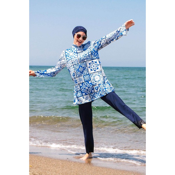 Mayo burkini Marina Navy Blue Tile Pattern Design Fully Covered Hijab Swimsuit 1950