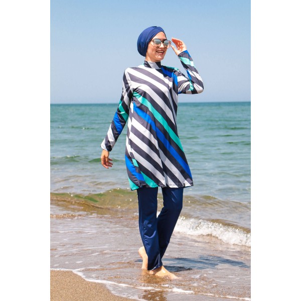 Mayo burkini Marina Navy Blue Striped Design Fully Covered Hijab Swimsuit 1953