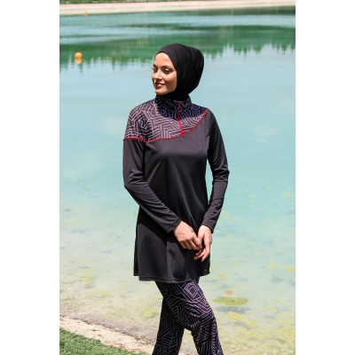 Rivamera مايوه بوركيني سباحة حجاب سوداء منقوشة R1117 Rivamera مايوه بوركيني سباحة حجاب سوداء منقوشة R1117