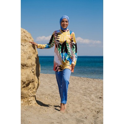 Mayo burkini  Rivamera Turquoise Pattern Detailed Hijab Swimsuit R1110 Mayo burkini  Rivamera Turquoise Pattern Detailed Hijab Swimsuit R1110