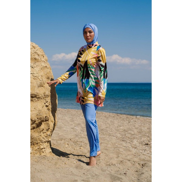 Mayo burkini  Rivamera Turquoise Pattern Detailed Hijab Swimsuit R1110