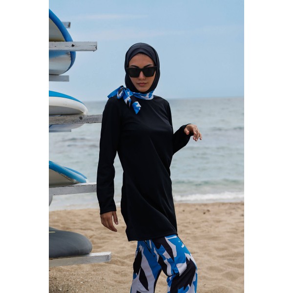 Mayo burkini Rivamera Black Turquoise Pattern Detailed Hijab Swimsuit R1111