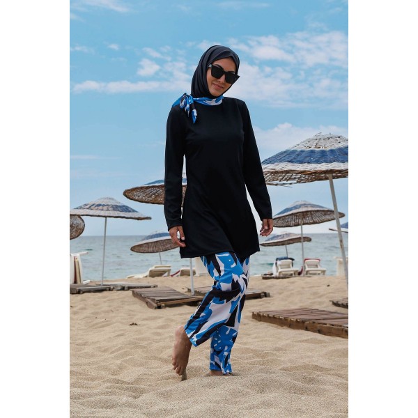 Mayo burkini Rivamera Black Turquoise Pattern Detailed Hijab Swimsuit R1111