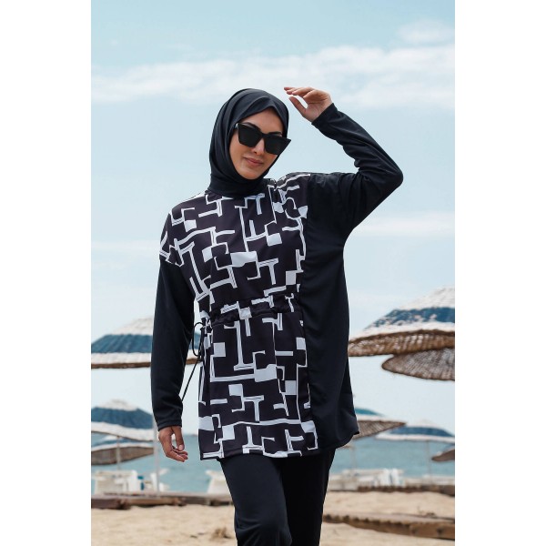 Mayo burkini Rivamera Black Pattern Detailed Hijab Swimsuit R1113