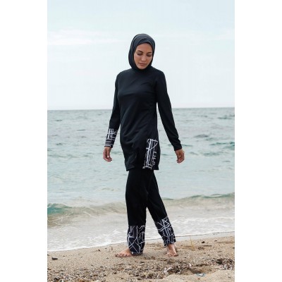 Rivamera مايوه بوركيني سباحة حجاب سوداء منقوشة R1114 Rivamera مايوه بوركيني سباحة حجاب سوداء منقوشة R1114