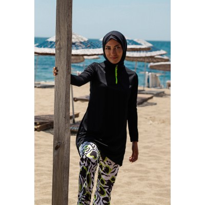 Rivamera مايوه بوركيني للسباحة حجاب سوداء مفصّلة بنقشة R1116 Rivamera مايوه بوركيني للسباحة حجاب سوداء مفصّلة بنقشة R1116