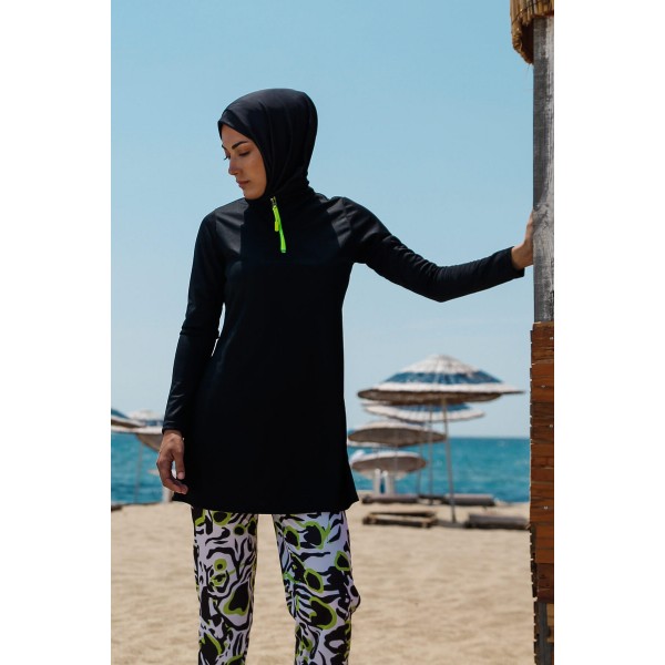 Mayo burkini  Rivamera Pattern Detailed Black Hijab Swimsuit R1116