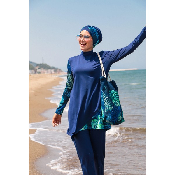 Mayo burkini Marina Navy Blue Women's Leaf Pattern Detailed Design 3 Piece Hijab Swimsuit M2125