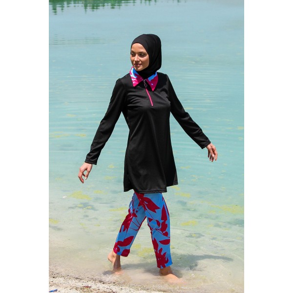 Mayo burkini Rivamera Black Pattern Detailed Hijab Swimsuit R1108