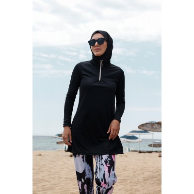 Rivameraمايوه بوركيني بدلة سباحة حجاب سوداء منقوشة R1101 Rivameraمايوه بوركيني بدلة سباحة حجاب سوداء منقوشة R1101