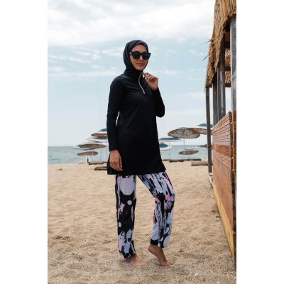 Rivameraمايوه بوركيني بدلة سباحة حجاب سوداء منقوشة R1101 Rivameraمايوه بوركيني بدلة سباحة حجاب سوداء منقوشة R1101