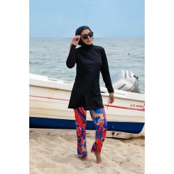 Rivamera مايوه بوركيني بدلة سباحة حجاب سوداء منقوشة R1107 Rivamera مايوه بوركيني بدلة سباحة حجاب سوداء منقوشة R1107