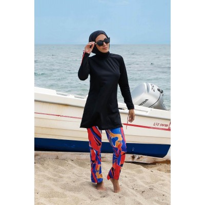 Rivamera مايوه بوركيني بدلة سباحة حجاب سوداء منقوشة R1107 Rivamera مايوه بوركيني بدلة سباحة حجاب سوداء منقوشة R1107