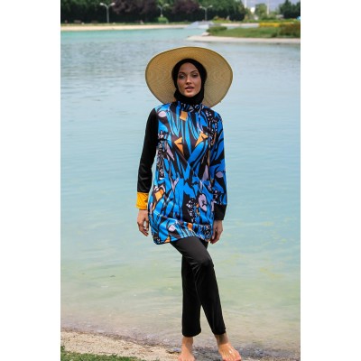 Rivamera مايوه بوركيني بدلة سباحة حجاب سوداء منقوشة R1103 Rivamera مايوه بوركيني بدلة سباحة حجاب سوداء منقوشة R1103