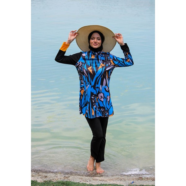 Mayo burkini Rivamera Black Pattern Detailed Hijab Swimsuit R1103