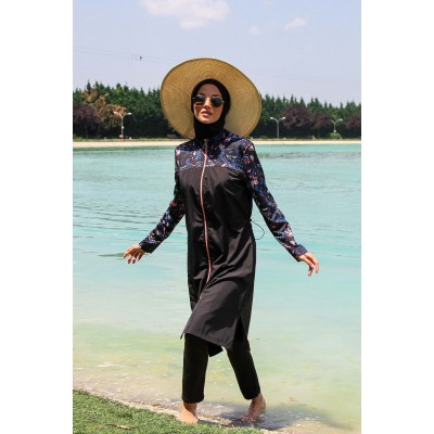 Mayo burkini Marina Black Women's Pattern Detailed Design Hijab Swimsuit M2264 Mayo burkini Marina Black Women's Pattern Detailed Design Hijab Swimsuit M2264