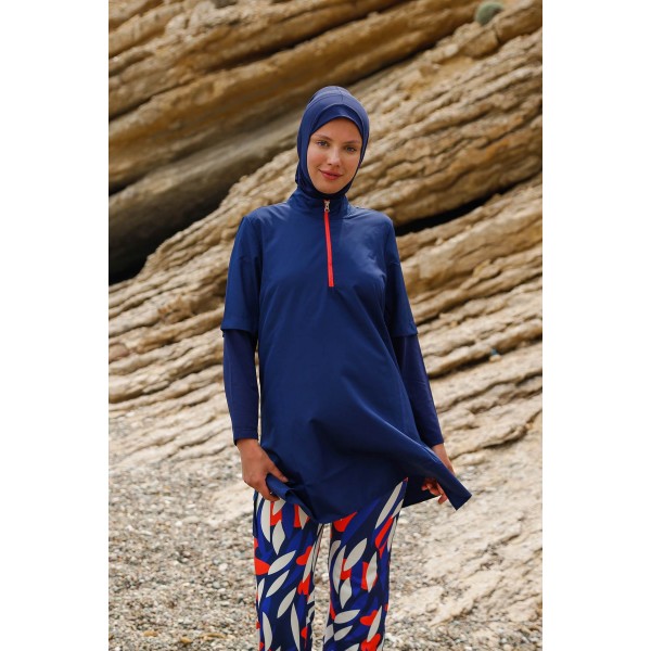 Mayo burkini Marina Navy Blue Women's Patterned Design Fully Covered Hijab Swimsuit M2262