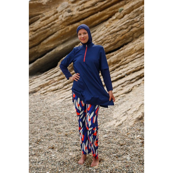 Mayo burkini Marina Navy Blue Women's Patterned Design Fully Covered Hijab Swimsuit M2262