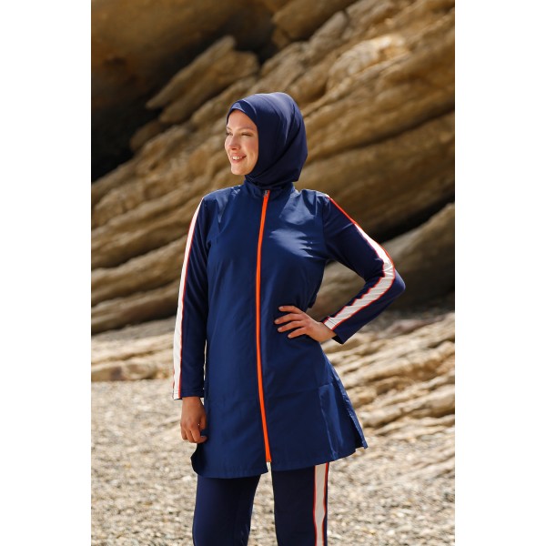 Mayo burkini Marina Navy Blue Women's Zipper Detailed Patterned Design Hijab Swimsuit M2270