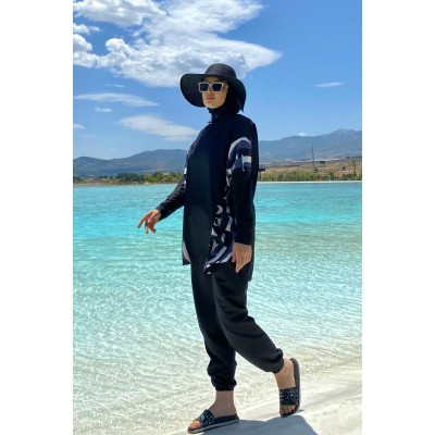 Mayo burkini Marina Black Women's Pattern Detailed Design Hijab Swimsuit M2277 Mayo burkini Marina Black Women's Pattern Detailed Design Hijab Swimsuit M2277