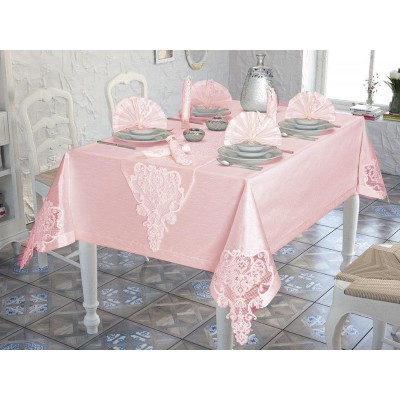 Luxury tablecloth French Laced Elif Table Cloth Set 26 Pieces Powder Luxury tablecloth French Laced Elif Table Cloth Set 26 Pieces Powder
