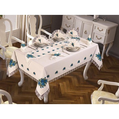 Luxury tablecloth Cross-stitch Printed Laced Tablecloth Blue Luxury tablecloth Cross-stitch Printed Laced Tablecloth Blue